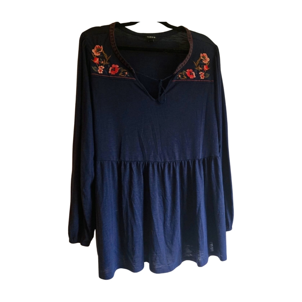 TORRID Navy Blue Floral Embroidered Cottagecore Blouse- Torrid Size 3